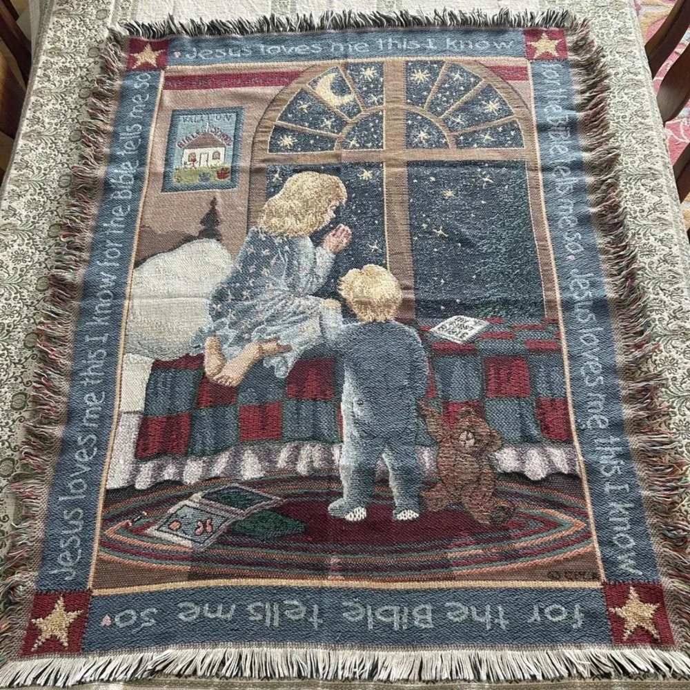 Woven Tapestry Throw Kids Blue Jesus‎ Loves Me Prayer Vintage Cottagecore
